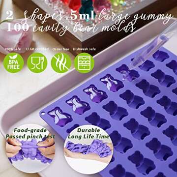 Large Gummy Bear and Worm Mold Silicone, 4 PCS No Stick Chocolate Candy Gummy Molds for Edibles with 2 Droppers & Brush BPA-Free 100 Cavities, Ideal Gift for Kids Adult Halloween Party