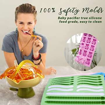 Large Gummy Bear and Worm Mold Silicone, 4 PCS No Stick Chocolate Candy Gummy Molds for Edibles with 2 Droppers & Brush BPA-Free 100 Cavities, Ideal Gift for Kids Adult Halloween Party