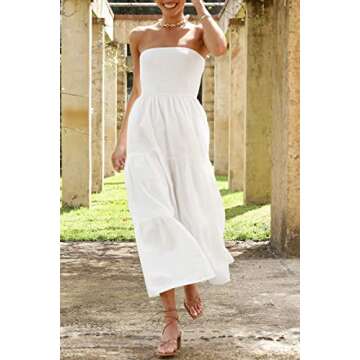 LILLUSORY Summer Dresses for Women 2023 Sundresses Sun Dress Smocked Vacation Beach Trendy Strapless Long Maxi Dresses with Pockets White