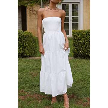 LILLUSORY Summer Dresses for Women 2023 Sundresses Sun Dress Smocked Vacation Beach Trendy Strapless Long Maxi Dresses with Pockets White