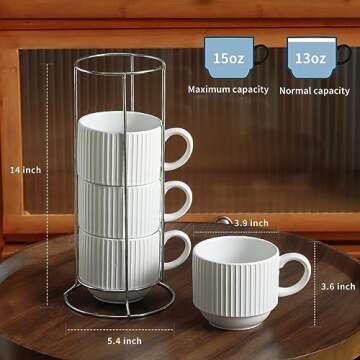 glowworm Ceramic Coffee Mugs Set of 4, 15 Oz Stackable Coffee Mugs with Rack, White Coffee Mugs for ...