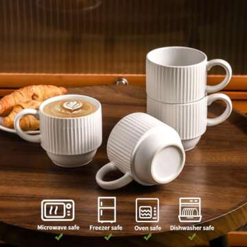 glowworm Ceramic Coffee Mugs Set of 4, 15 Oz Stackable Coffee Mugs with Rack, White Coffee Mugs for Latte, Cappuccino, Housewarming, Wedding Gift, Microwave & Dishwasher Safe