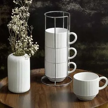 glowworm Ceramic Coffee Mugs Set of 4, 15 Oz Stackable Coffee Mugs with Rack, White Coffee Mugs for Latte, Cappuccino, Housewarming, Wedding Gift, Microwave & Dishwasher Safe