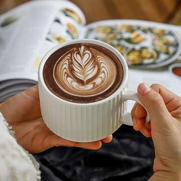 glowworm Ceramic Coffee Mugs Set of 4, 15 Oz Stackable Coffee Mugs with Rack, White Coffee Mugs for Latte, Cappuccino, Housewarming, Wedding Gift, Microwave & Dishwasher Safe