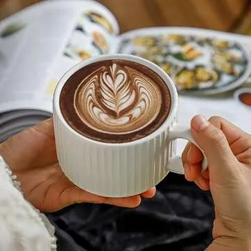 glowworm Ceramic Coffee Mugs Set of 4, 15 Oz Stackable Coffee Mugs with Rack, White Coffee Mugs for Latte, Cappuccino, Housewarming, Wedding Gift, Microwave & Dishwasher Safe