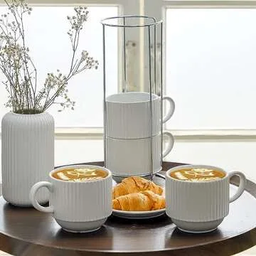 glowworm Ceramic Coffee Mugs Set of 4, 15 Oz Stackable Coffee Mugs with Rack, White Coffee Mugs for Latte, Cappuccino, Housewarming, Wedding Gift, Microwave & Dishwasher Safe