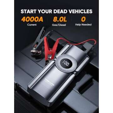 TREKURE Portable Car Jump Starter with Air Compressor, 150PSI 4000A Car Battery Jump Starter Battery...