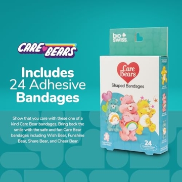 BioSwiss Care Bears Bandages, Classic Care Bear Shaped Self Adhesive Bandage, Latex Free Sterile Wound Care, Fun First Aid Kit Supplies for Kids, 24 Count