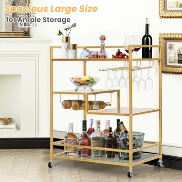 SULIVES Gold Bar Cart with 4 Tier Glass Shelves