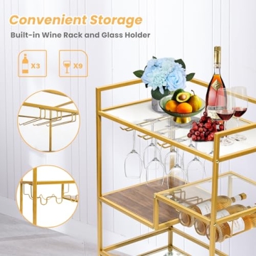 SULIVES Gold Bar Cart with 4 Tier Glass Shelves