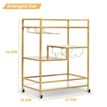 SULIVES Gold Bar Cart with 4 Tier Glass Shelves