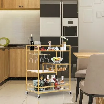 SULIVES Gold Bar Cart with 4 Tier Glass Shelves