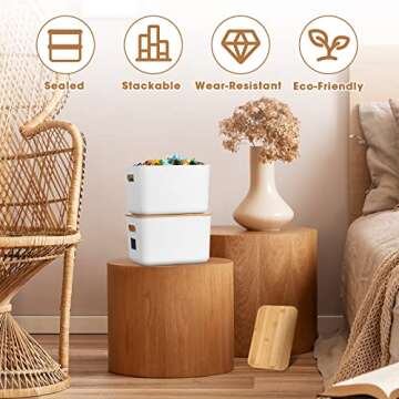 Geosar 6 Pcs Storage Bins with Bamboo Lids Plastic Storage Containers Stackable Box with and Handle with 6 Labels and Marker for Organizing Toys and More, 10.1x7x6.69 In(White,Classic)