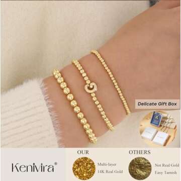 Kenivira Gold Beaded Bracelets for Women, Stackable Gold Initial Bracelets for Women Non Tarnish, 14...
