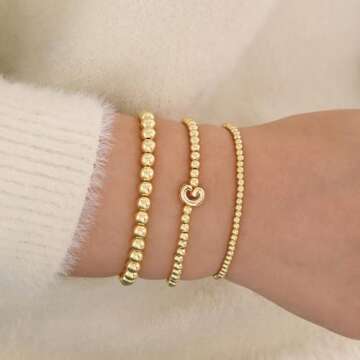 Kenivira Gold Beaded Bracelets for Women, Stackable Gold Initial Bracelets for Women Non Tarnish, 14K Real Gold Plated Stretch Bead Ball Waterproof Bracelet with Letter A Bracelets