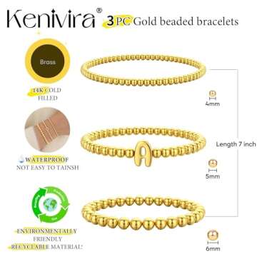 Kenivira Gold Beaded Bracelets for Women, Stackable Gold Initial Bracelets for Women Non Tarnish, 14K Real Gold Plated Stretch Bead Ball Waterproof Bracelet with Letter A Bracelets