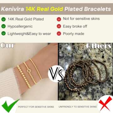Kenivira Gold Beaded Bracelets for Women, Stackable Gold Initial Bracelets for Women Non Tarnish, 14K Real Gold Plated Stretch Bead Ball Waterproof Bracelet with Letter A Bracelets