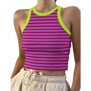 Womens 2024 Summer Ribbed Tank Tops High Neck Sleeveless Crop Top Color Block Casual Cropped Tees Cu...
