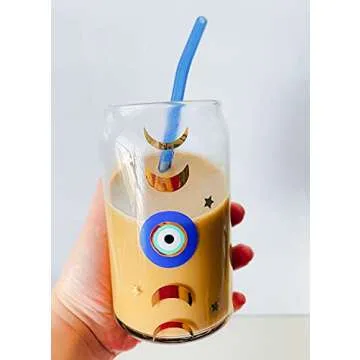 Evil Eye Moon Phases Mug Soda Can Shape Glass Moon Phases With Bamboo Lid And Straw (20 0z, With Bam...