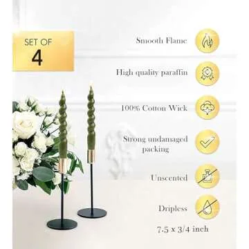 LPUSA Olive Spiral Taper Dinner Candles Conical Stick Candles Wax Unscented Dinner Candle Dripless for Home Decor, Relaxation Set of 4（7.6" Olive Green）