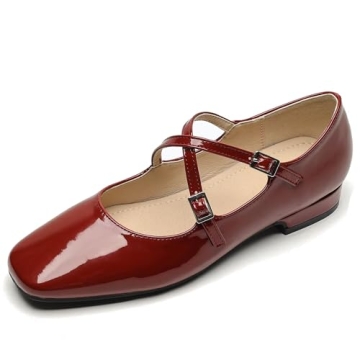 LUXINYU Women's Red Mary Jane Shoes - Comfortable Square Toe Ballet Flats