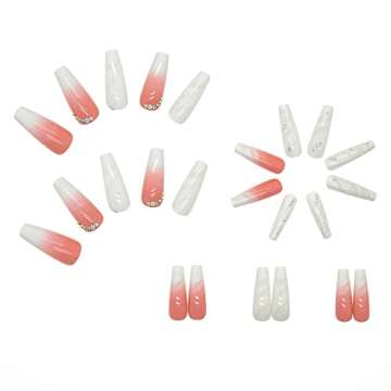 YOSOMK luxurious Long Press on Nails with Glue Gems Pink Coffin Glossy Fake/False Nails with Designs for Women Girls Stick on Acrylic Nail Tips