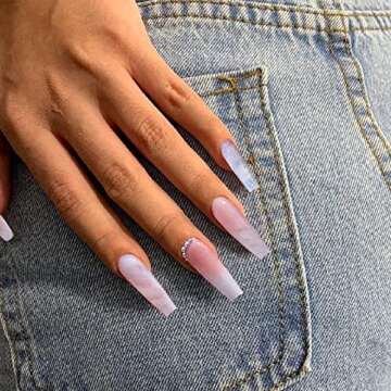 YOSOMK luxurious Long Press on Nails with Glue Gems Pink Coffin Glossy Fake/False Nails with Designs for Women Girls Stick on Acrylic Nail Tips