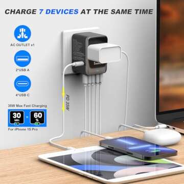 SAUNORCH Universal Travel Adapter, PD 35W 7 in 1 International Power Plug Adapter with 7.0A 4 USB-C ...