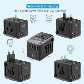 SAUNORCH Universal Travel Adapter, PD 35W 7 in 1 International Power Plug Adapter with 7.0A 4 USB-C and 2 USB-A Fast Wall Charger, Worldwide AC Outlet for US Europe UK AUS (Black+Silver)