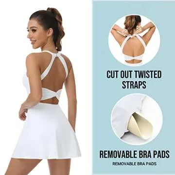 Womens Workout Tennis Dress with Built in Shorts and Bra Athletic Golf Activewear for Exercise White Medium