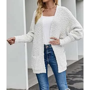 MEROKEETY Women's 2025 Winter Fuzzy Popcorn Batwing Sleeve Cardigan Knit Oversized Sherpa Sweater Coat, White, Medium