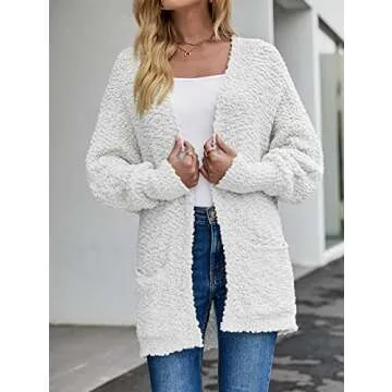 MEROKEETY Women's 2025 Winter Fuzzy Popcorn Batwing Sleeve Cardigan Knit Oversized Sherpa Sweater Coat, White, Medium