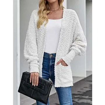 MEROKEETY Women's 2025 Winter Fuzzy Popcorn Batwing Sleeve Cardigan Knit Oversized Sherpa Sweater Coat, White, Medium