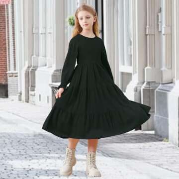 NARPLO Girls Dresses Casual Long Sleeve Dresses for Girls Fall Winter High Waist Smocked Flowy Tiere...