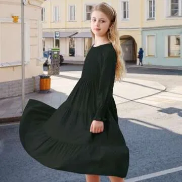 NARPLO Girls Dresses Casual Long Sleeve Dresses for Girls Fall Winter High Waist Smocked Flowy Tiered Midi Party Girls Dress
