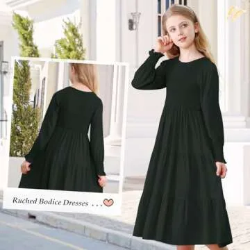 NARPLO Girls Dresses Casual Long Sleeve Dresses for Girls Fall Winter High Waist Smocked Flowy Tiered Midi Party Girls Dress