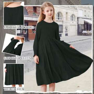 NARPLO Girls Dresses Casual Long Sleeve Dresses for Girls Fall Winter High Waist Smocked Flowy Tiered Midi Party Girls Dress