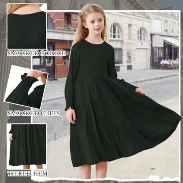 NARPLO Girls Dresses Casual Long Sleeve Dresses for Girls Fall Winter High Waist Smocked Flowy Tiered Midi Party Girls Dress