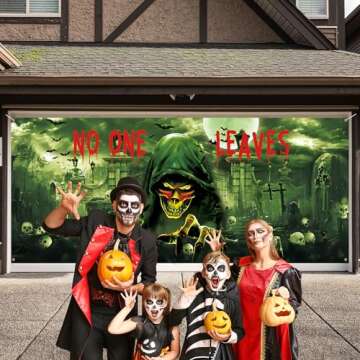 Roetyce Scary Halloween Garage Door Decorations, No One Leaves Extra Large Happy Halloween Garage Door Cover Banner 7 x 16Ft, Outdoor Halloween Party Supplies, Skull Halloween Backdrop Photo Props