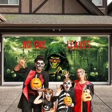 Roetyce Scary Halloween Garage Door Decorations, No One Leaves Extra Large Happy Halloween Garage Door Cover Banner 7 x 16Ft, Outdoor Halloween Party Supplies, Skull Halloween Backdrop Photo Props