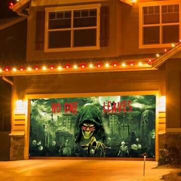 Roetyce Scary Halloween Garage Door Decorations, No One Leaves Extra Large Happy Halloween Garage Door Cover Banner 7 x 16Ft, Outdoor Halloween Party Supplies, Skull Halloween Backdrop Photo Props