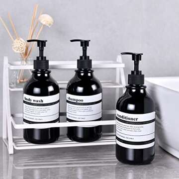 Shampoo and Conditioner Dispenser with Black Plastic Pump, 3 Pack Shampoo Conditioner Body Wash Dispensers, 16 Oz Shower Soap Dispensers with 8 Labels, Black Refillable Shampoo and Conditioner Bottles