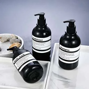 Shampoo and Conditioner Dispenser with Black Plastic Pump, 3 Pack Shampoo Conditioner Body Wash Dispensers, 16 Oz Shower Soap Dispensers with 8 Labels, Black Refillable Shampoo and Conditioner Bottles
