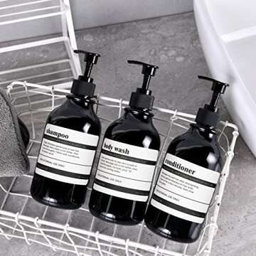 Shampoo and Conditioner Dispenser with Black Plastic Pump, 3 Pack Shampoo Conditioner Body Wash Dispensers, 16 Oz Shower Soap Dispensers with 8 Labels, Black Refillable Shampoo and Conditioner Bottles