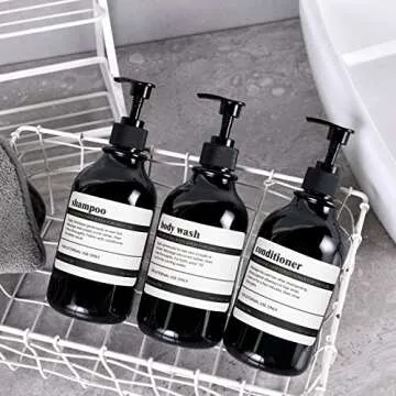 Shampoo and Conditioner Dispenser with Black Plastic Pump, 3 Pack Shampoo Conditioner Body Wash Dispensers, 16 Oz Shower Soap Dispensers with 8 Labels, Black Refillable Shampoo and Conditioner Bottles