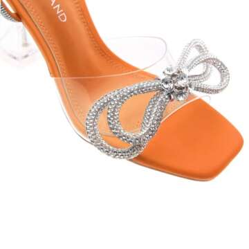 Shoe Land SL-NAOMI Women's Double Bowknots Crystal Sandals, Clear Slingback Heels with Square Open Toe – Dressy Rhinestone High Heels for Party Wedding and Prom, ClearOrange, Size 7.5