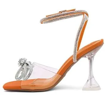Shoe Land SL-NAOMI Women's Double Bowknots Crystal Sandals, Clear Slingback Heels with Square Open Toe – Dressy Rhinestone High Heels for Party Wedding and Prom, ClearOrange, Size 7.5