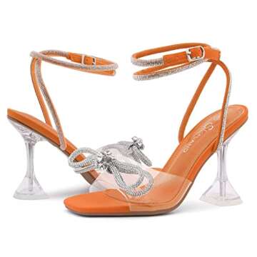 Shoe Land SL-NAOMI Women's Double Bowknots Crystal Sandals, Clear Slingback Heels with Square Open Toe – Dressy Rhinestone High Heels for Party Wedding and Prom, ClearOrange, Size 7.5