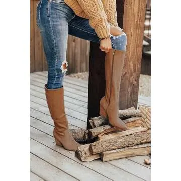 MeiLuSi Fall Boots for Women 2024, Knee High Boots Wide Calf, Brown Tall Suede Boots Tan Slouchy Boots Fashion Long Shoes Chunky High Heel Size 9