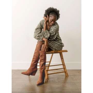 MeiLuSi Fall Boots for Women 2024, Knee High Boots Wide Calf, Brown Tall Suede Boots Tan Slouchy Boots Fashion Long Shoes Chunky High Heel Size 9